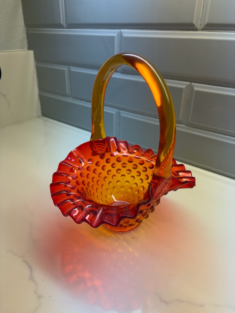Fenton Orange Amber Hobnail Glass Basket - Picture 4 of 4